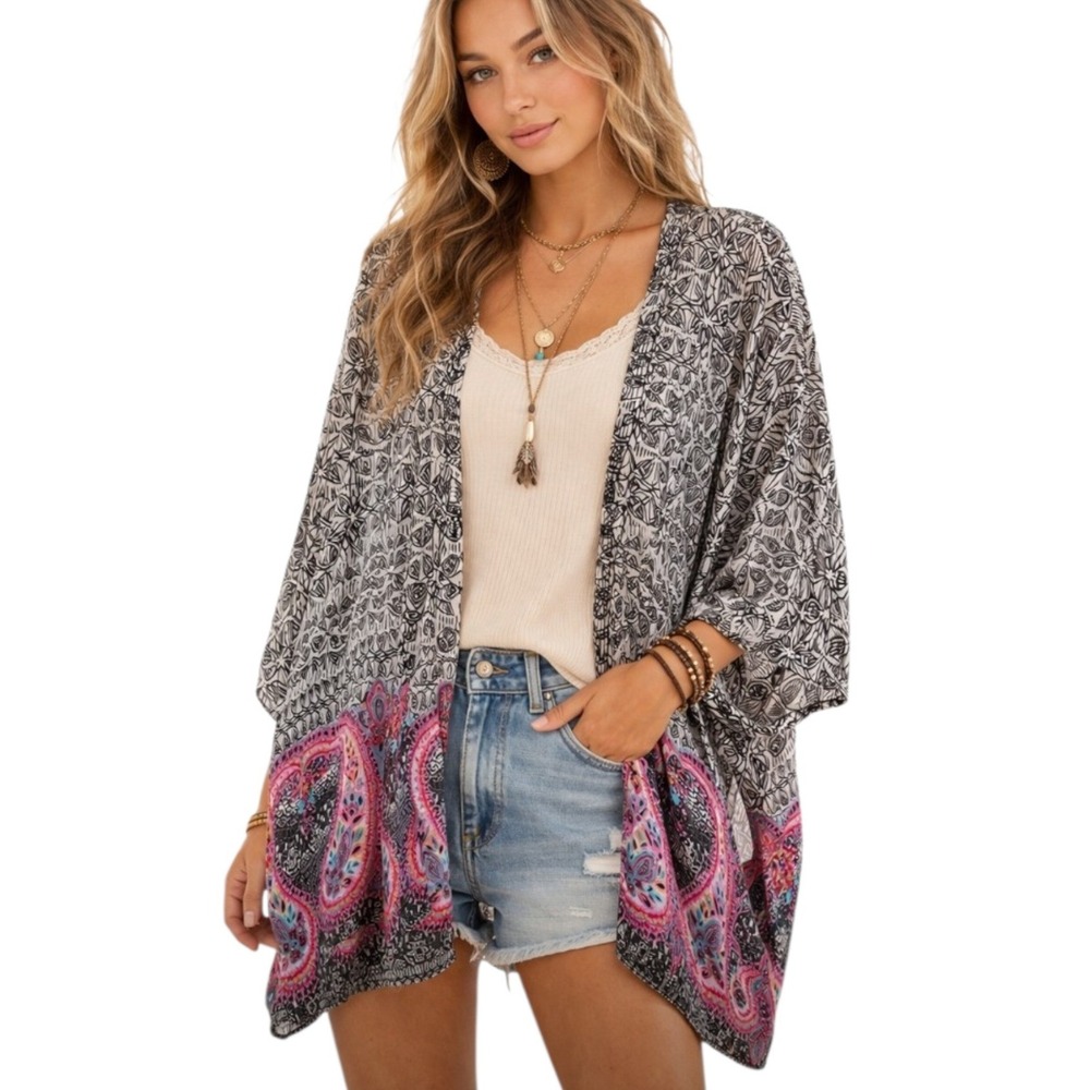 Maurices Womens Kimono Wrap L/XL Black Pink Paisley Geometric Crochet Back Sheer